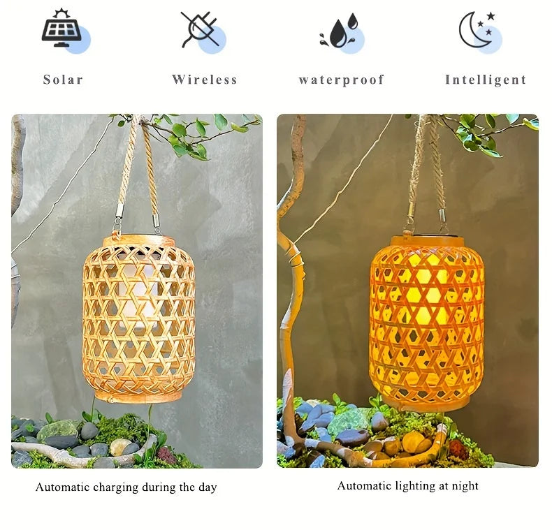 1PC Solar Imitation Bamboo Lantern Outdoor Waterproof Plastic Rattan Lantern Courtyard Decoration Garden Light