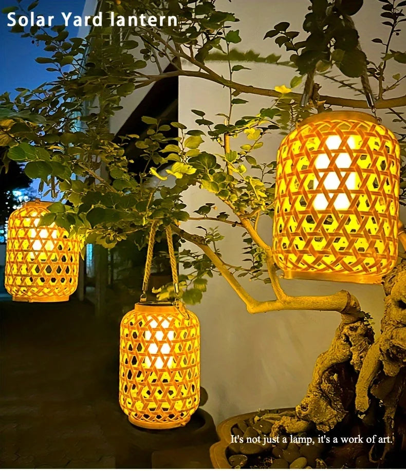 1PC Solar Imitation Bamboo Lantern Outdoor Waterproof Plastic Rattan Lantern Courtyard Decoration Garden Light