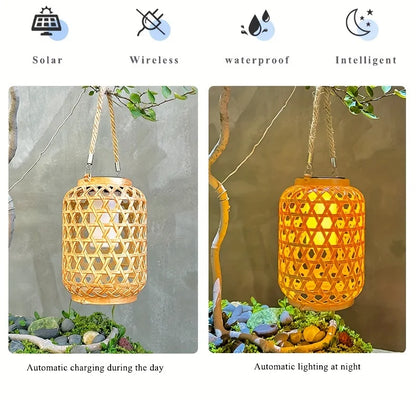 1PC Solar Imitation Bamboo Lantern Outdoor Waterproof Plastic Rattan Lantern Courtyard Decoration Garden Light