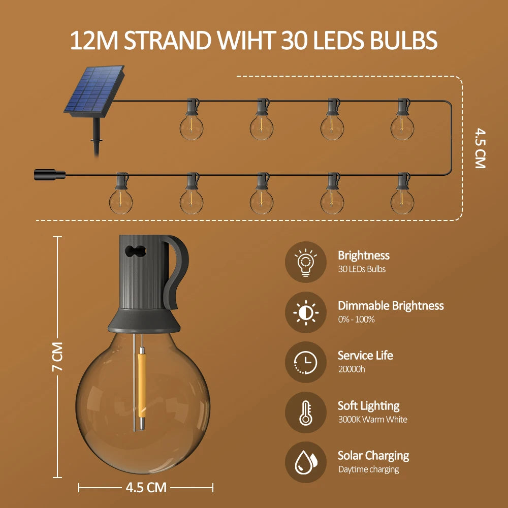 Solar String Lights Outdoor G40 Patio Lights with LED Shatterproof Bulbs,Weatherproof Hanging Lights Garden