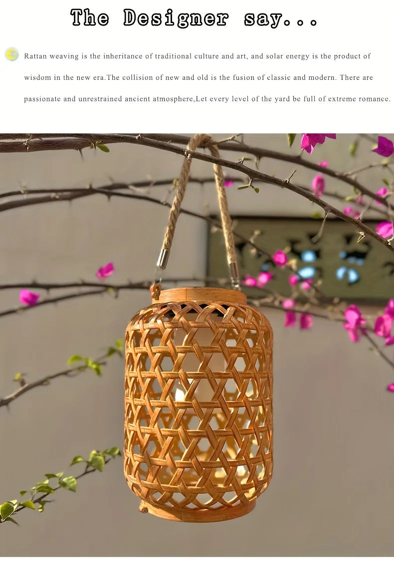 1PC Solar Imitation Bamboo Lantern Outdoor Waterproof Plastic Rattan Lantern Courtyard Decoration Garden Light