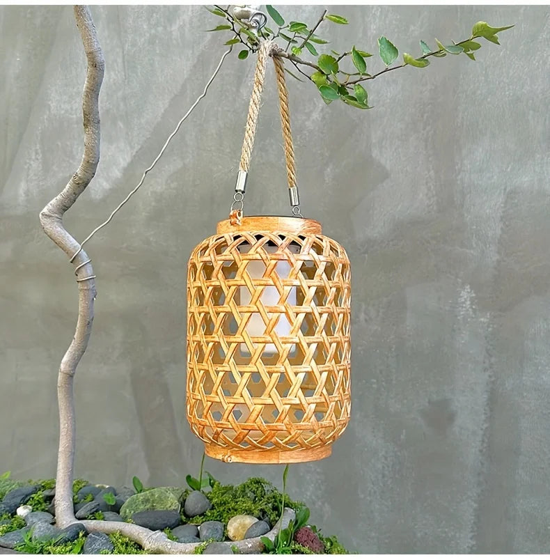 1PC Solar Imitation Bamboo Lantern Outdoor Waterproof Plastic Rattan Lantern Courtyard Decoration Garden Light