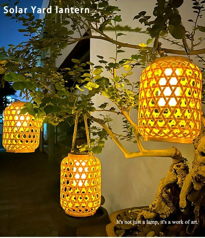 1PC Solar Imitation Bamboo Lantern Outdoor Waterproof Plastic Rattan Lantern Courtyard Decoration Garden Light