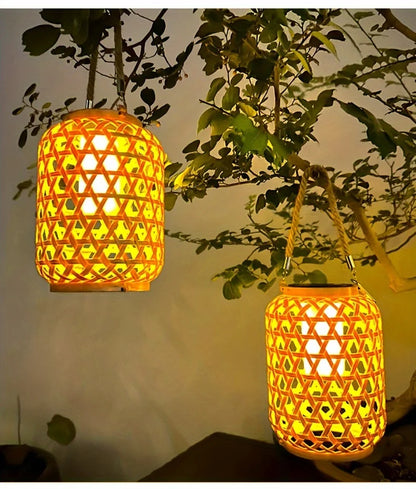 1PC Solar Imitation Bamboo Lantern Outdoor Waterproof Plastic Rattan Lantern Courtyard Decoration Garden Light