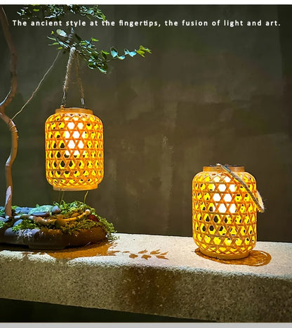 1PC Solar Imitation Bamboo Lantern Outdoor Waterproof Plastic Rattan Lantern Courtyard Decoration Garden Light