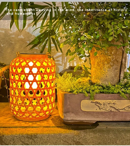 1PC Solar Imitation Bamboo Lantern Outdoor Waterproof Plastic Rattan Lantern Courtyard Decoration Garden Light