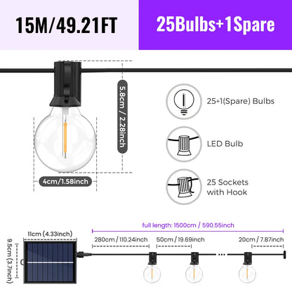 Solar String Lights Outdoor G40 Patio Lights with LED Shatterproof Bulbs,Weatherproof Hanging Lights Garden