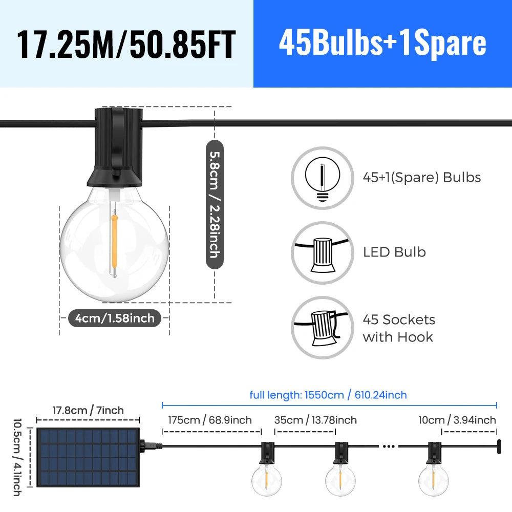 Solar String Lights Outdoor G40 Patio Lights with LED Shatterproof Bulbs,Weatherproof Hanging Lights Garden