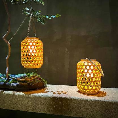 1PC Solar Imitation Bamboo Lantern Outdoor Waterproof Plastic Rattan Lantern Courtyard Decoration Garden Light